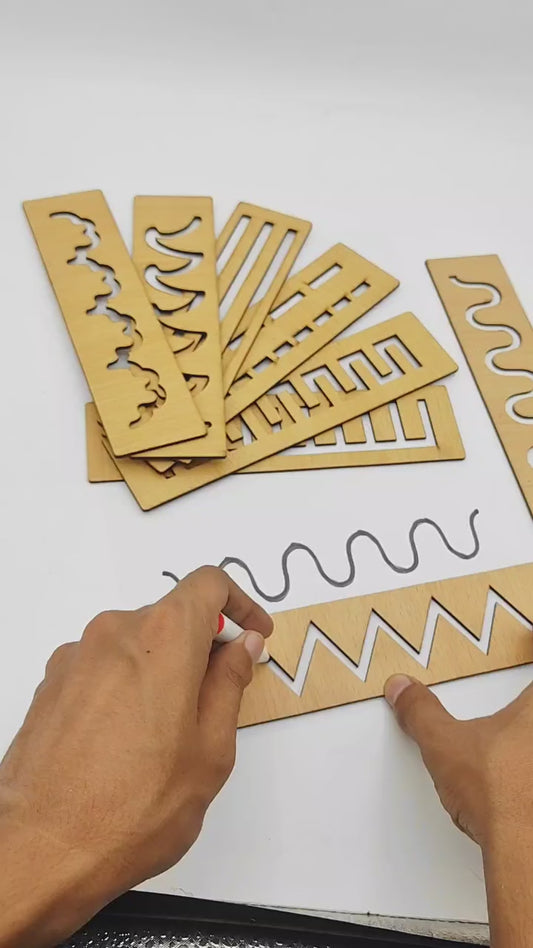 Montessori Wooden Stencil Board for Kids Zig Zag Wavy Straight Lines Tracing Stencil Set