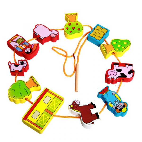 Colorful Wooden Threading Number, Vegetable, Animal and Fruit Beads String Lacing Puzzle for Kids Early Learning Educational Toy